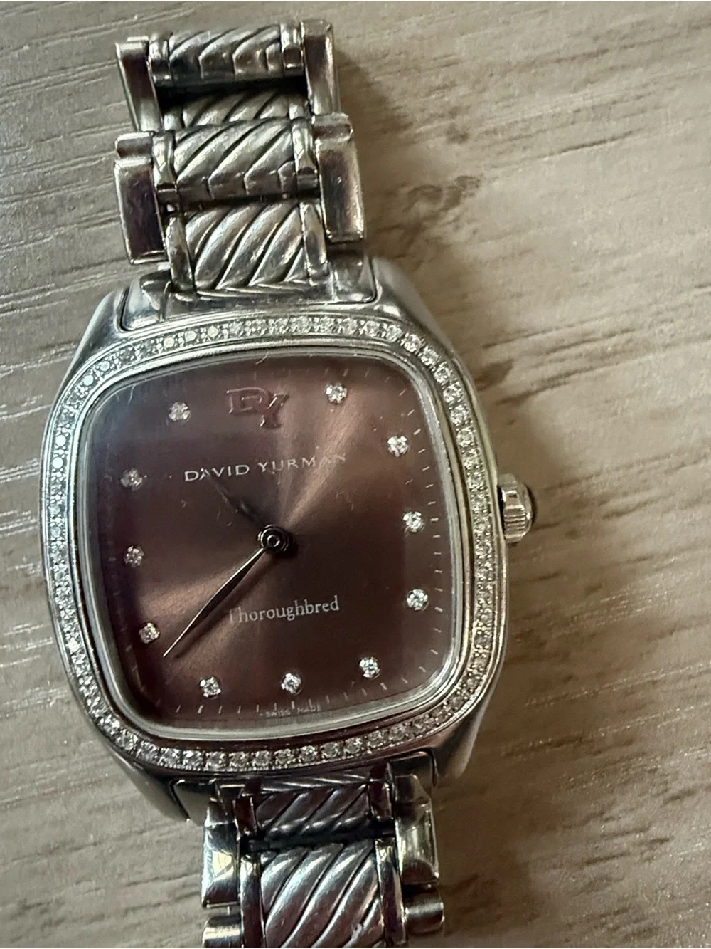 David Yurman Rare!  Authentic Brown Thoroughbred SS/ Pave Diamonds Bezel. EUC